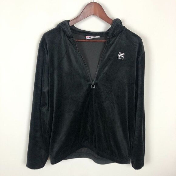 Fila Black Velour 1/4 Zip Pullover Sweater Women's size Medium Hooded - Picture 1 of 7